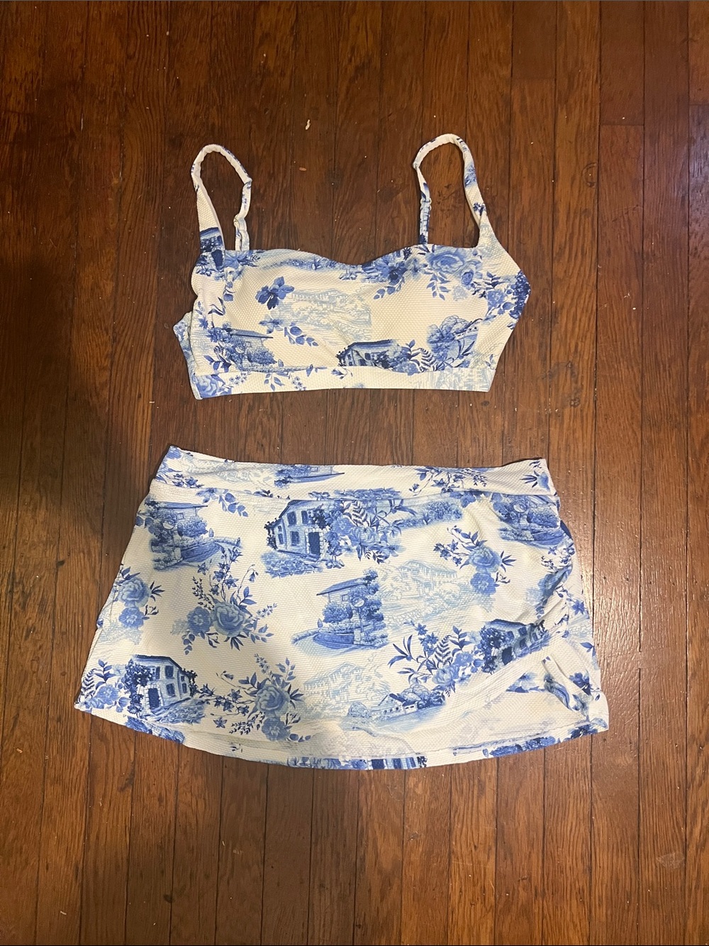 Blue Toile Mini Skirt Set — Women's Two-Piece Skirt & Crop Top - Picture 1 of 12